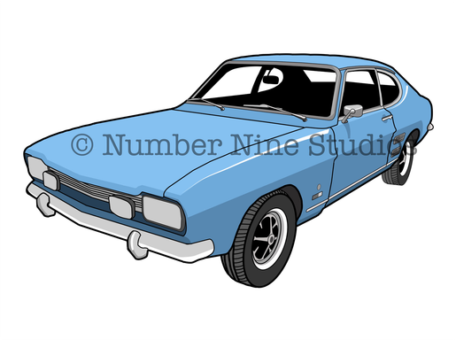 The classic 1974 car in Blue. Artwork print available in a range of sizes: A5, A3, A1 and A0.