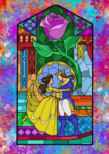 The famous stained glass window from the Disney film: Beauty and the Beast. Artwork print available in a range of sizes: A5, A3, A1 and A0.