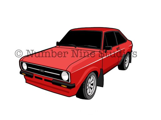 The classic 1975 Ford Escort mk 2 in Red. Artwork print available in a range of sizes: A5, A3, A1 and A0.