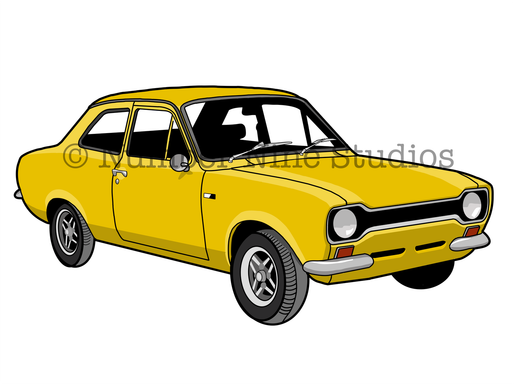 The 1967 Ford Escort mk 1 in Yellow. Artwork print available in a range of sizes: A5, A3, A1 and A0.