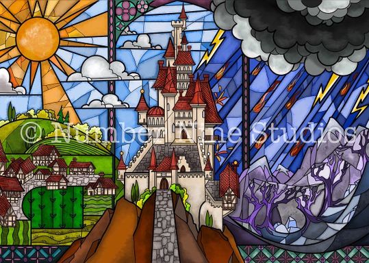 Inspired by the stained glass window that was so famous in the Disney film: Beauty and the Beast. Artwork print available in many sizes. 