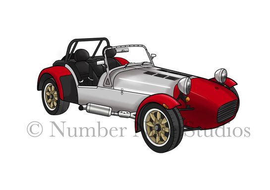 Artwork print of the classic car, Caterham 7 in rare Red and Silver. Artwork print available in a range of sizes: A5, A3, A1 and A0.
