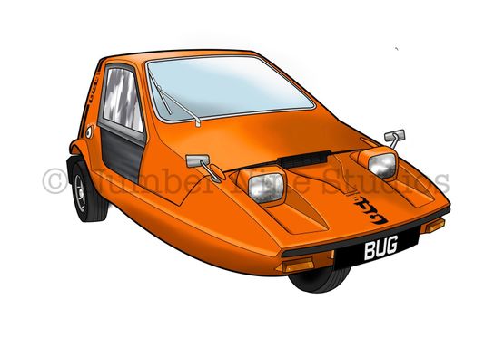 The 1970 Bond Bug in Orange, original piece by David Harris. Artwork print available in a range of sizes: A5, A3, A1 and A0.