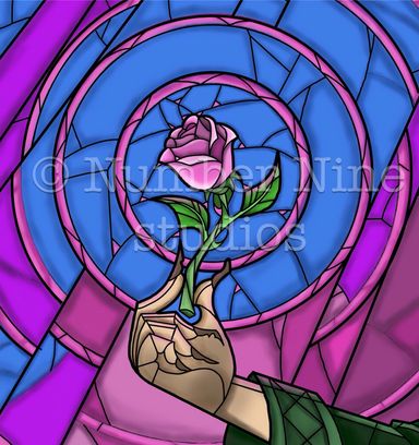 Inspired by the famous stained glass window from the Disney film: Beauty and the Beast. Artwork print available in a range of sizes. 