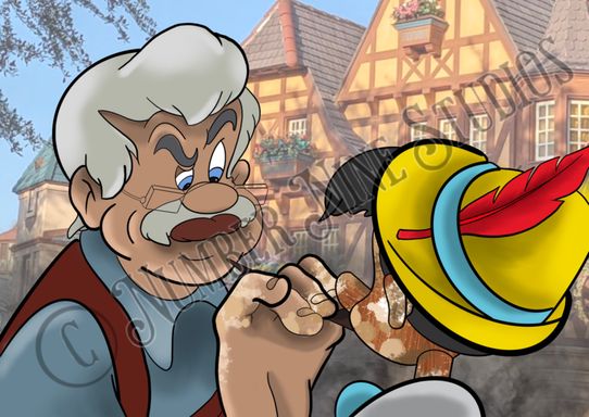 Geppetto creating his masterpiece as depicted in this artwork print. Artwork print available in a range of sizes: A5, A3, A1 and A0.