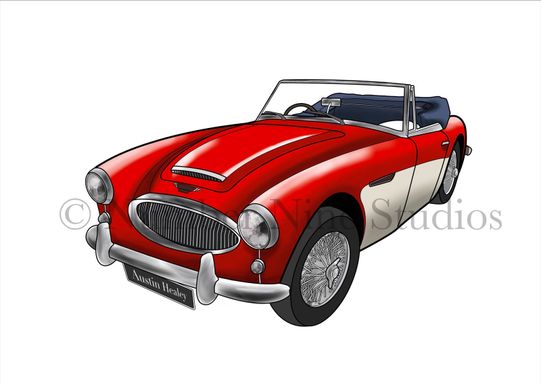 The 1957 Austin Healey in red Artwork Print to celebrate the classic car. Artwork print available in a range of sizes: A5, A3, A1 and A0.