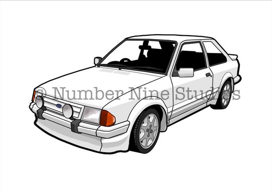 The 1984 Ford Escort RS Turbo in White. Artwork print available in a range of sizes: A5, A3, A1 and A0.