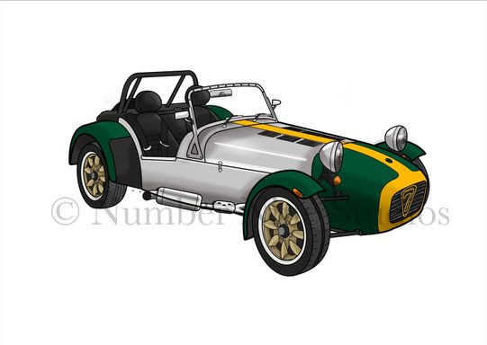 The classic Caterham 7 in Green and Yellow. Artwork print available in a range of sizes: A5, A3, A1 and A0.